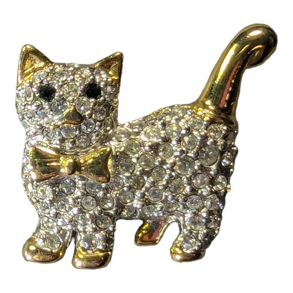 Jewelry - Cat Kitty Brooch Pin Clear Pave Rhinestones Black Eyes Gold Tone .75 inches